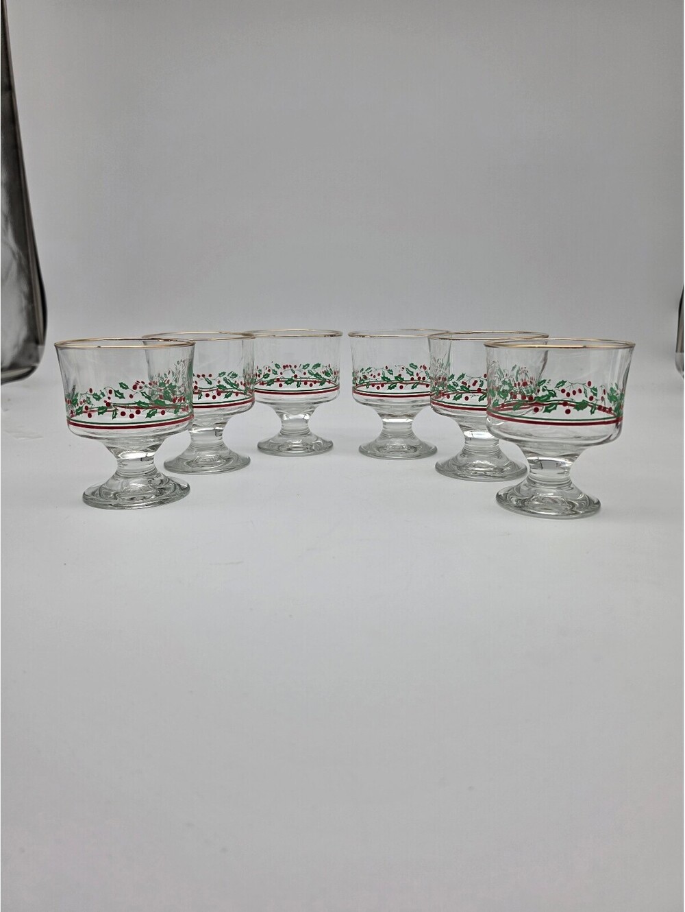 Set of 6 Vintage Holiday-Themed Pedestal Glasses with Red and Green Berry Design
